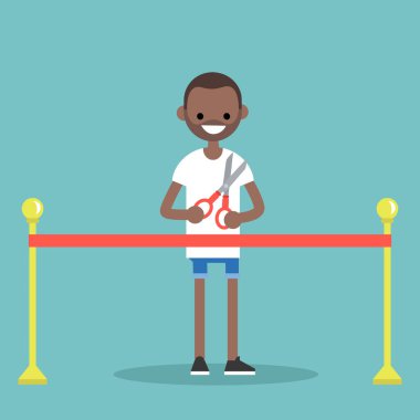 Açılış töreni kavramı. Kırmızı kurdele. SC tutan genç siyah adam