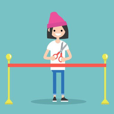 Açılış töreni kavramı. Kırmızı kurdele. Genç kız holding makas