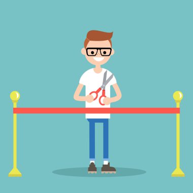 Açılış töreni kavramı. Kırmızı kurdele. Genç nerd holding makas