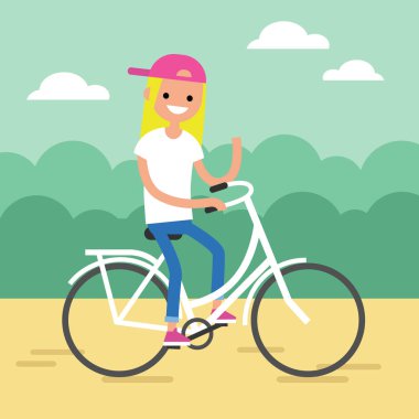 Bisiklete binmek ve elini sallayarak genç sarışın kız / düzenlenebilir fl