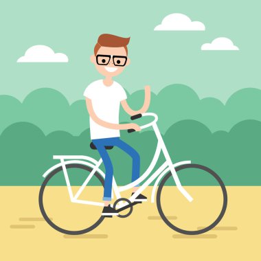 Bisiklete binmek ve elini sallayarak genç nerd / düzenlenebilir düz vec