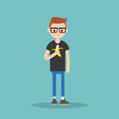 Young nerd boy eating banana / flat editable vector illustration clipart