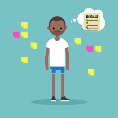 Genç siyah erkek abo düşünme post-it Notlar tarafından çevrili endişeli