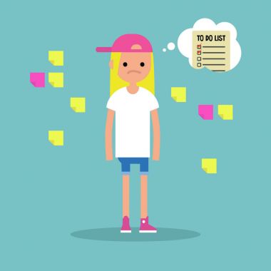 Genç sarışın kız ab düşünme post-it Notlar tarafından çevrili endişeli