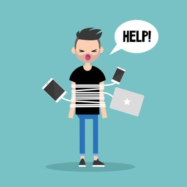 Yeni teknolojileri bağımlılığı. Genç charg ile bağlı adam sakallı