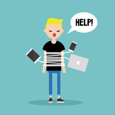 Yeni teknolojileri bağımlılığı. Genç sarışın çocuk chargin ile bağladı