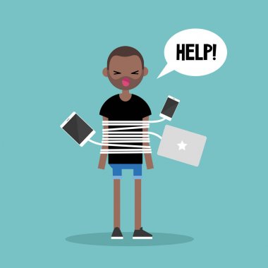 Yeni teknolojileri bağımlılığı. Genç chargin ile bağlı adam siyah