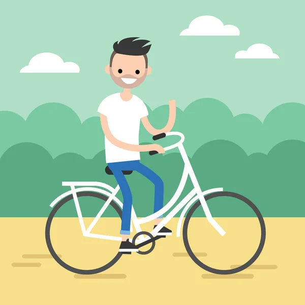Junger bärtiger Kerl, der Fahrrad fährt und mit der Hand wedelt / editierbar f — Stockvektor