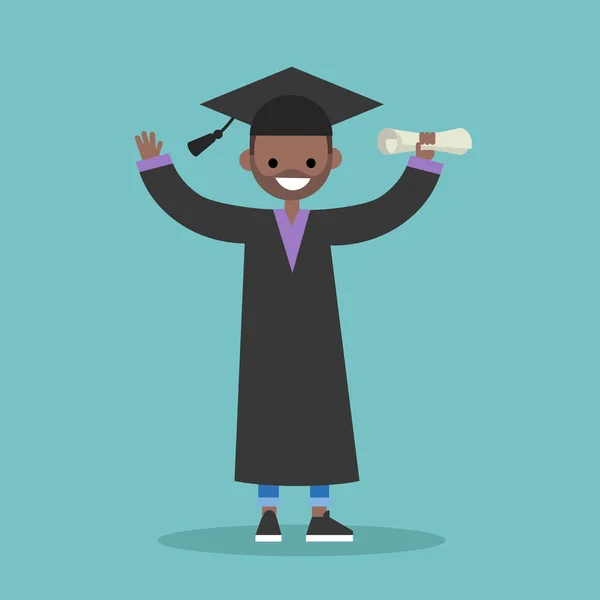 Studente nero laureato indossando cappello e abito / piatto vec modificabile — Vettoriale Stock