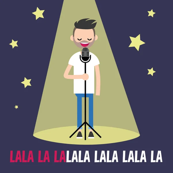 Joven barbudo cantando karaoke en el escenario / plana editable v — Vector de stock