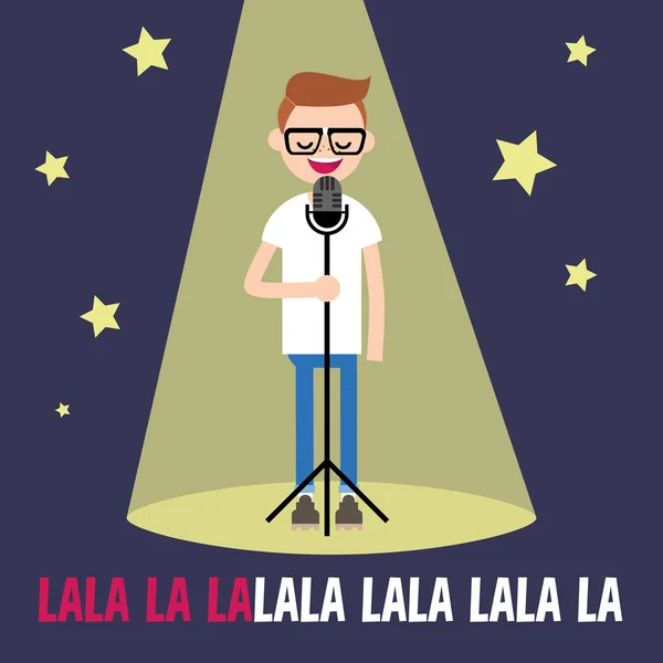 Young nerd singing karaoke on the stage / flat editable vector i — Stock Vector