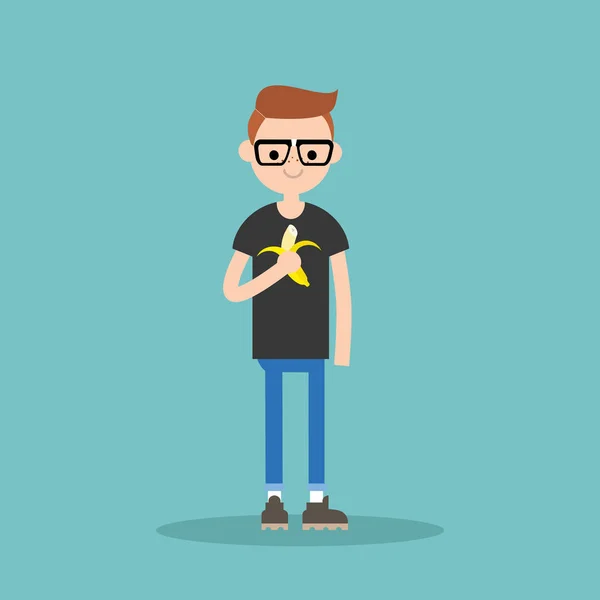 Joven nerd chico comer plátano / plana editable vector ilustración — Vector de stock