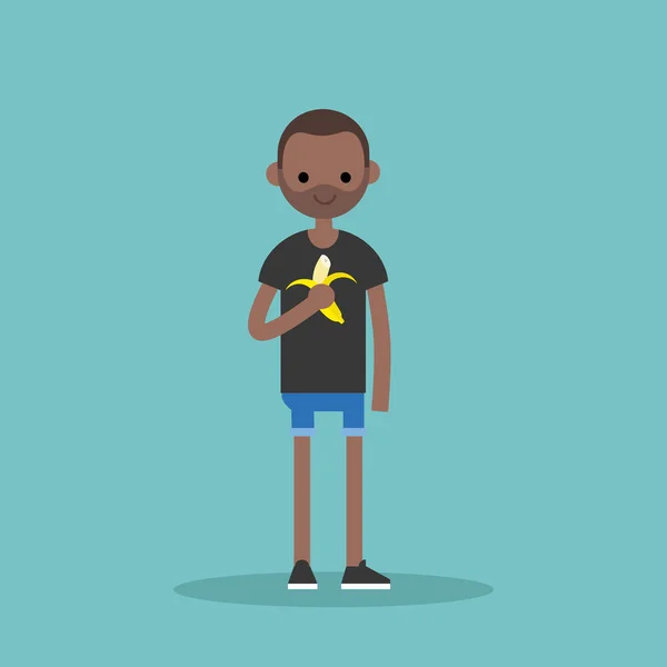 Jonge zwarte man eten banaan / vlakke bewerkbare vector illustratio — Stockvector