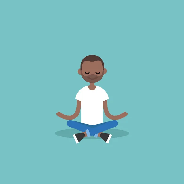 Young black man meditating with closed eyes in lotus pose. Yoga — Stock Vector