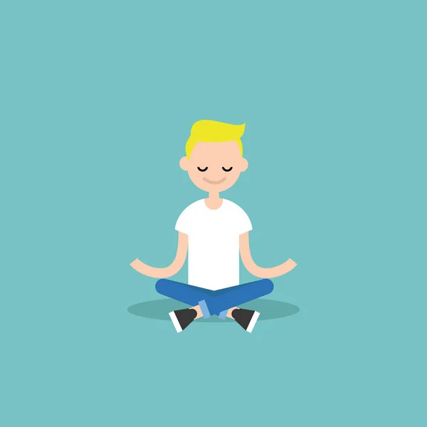 Joven chico rubio meditando con los ojos cerrados en pose de loto. Yoga — Vector de stock