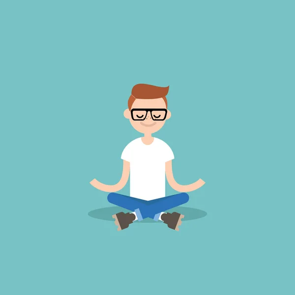 Jovem nerd meditando com os olhos fechados em pose de lótus. Yoga e m — Vetor de Stock