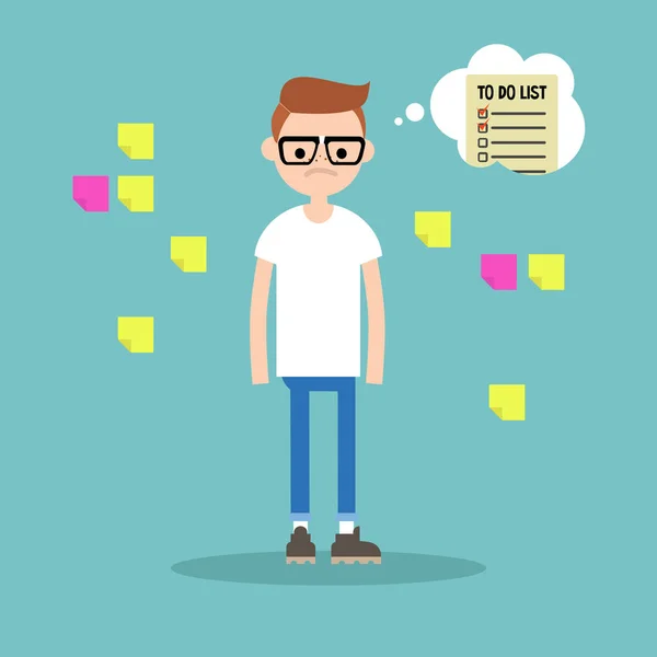 Joven nerd preocupado rodeado de notas post-it pensando en hola — Vector de stock