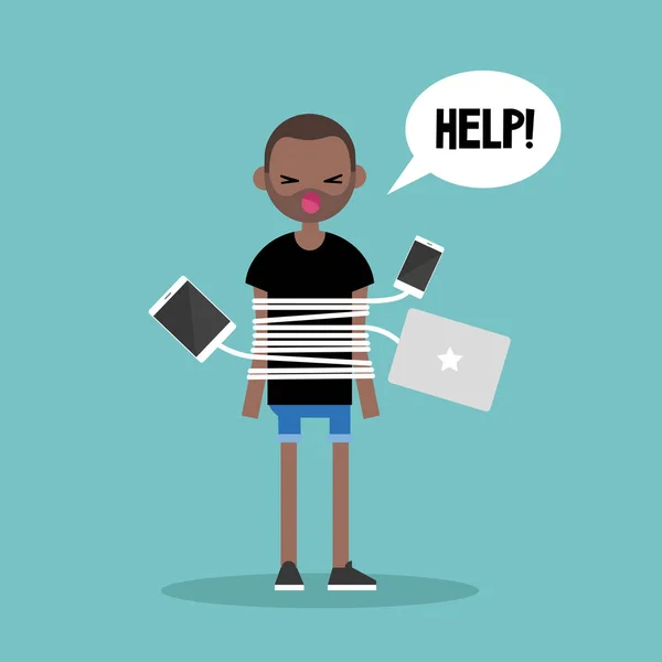 Adicción a las nuevas tecnologías. Joven hombre negro atado con chargin — Archivo Imágenes Vectoriales