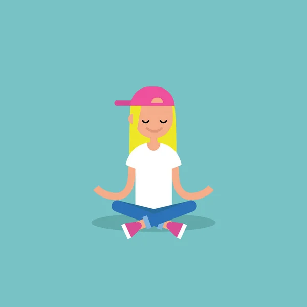 Menina loira jovem meditando com os olhos fechados em pose de lótus. Yoga —  Vetores de Stock