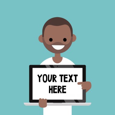 Metninizi buraya. Dizüstü bilgisayar ekranında işaret gülümseyen siyah adam 