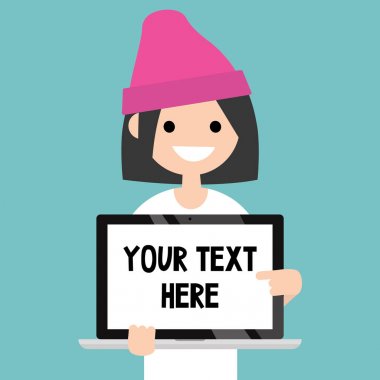 Metninizi buraya. Dizüstü scr işaret gülümseyen esmer kız