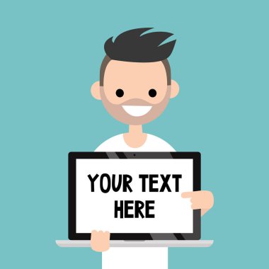 Metninizi buraya. Sakallı adam dizüstü dağ eteğindeki taş yığını üzerinde işaret gülümseyen