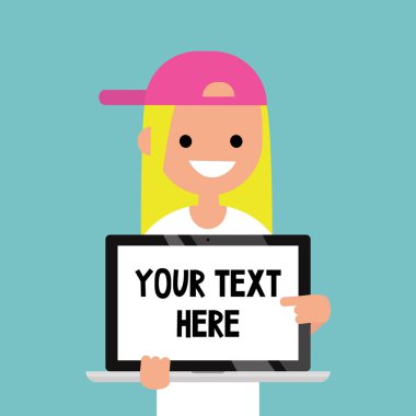 Metninizi buraya. Dizüstü bilgisayar ekranında işaret gülümseyen sarışın kız