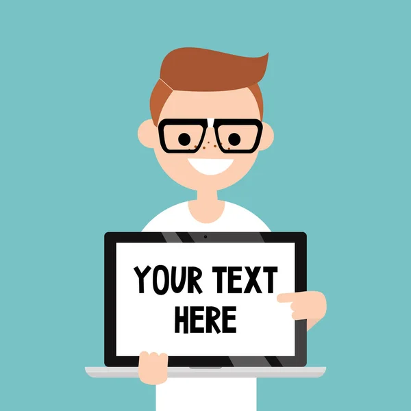 Din text här. Leende nörd pekar på den bärbara skärmen / fla — Stock vektor