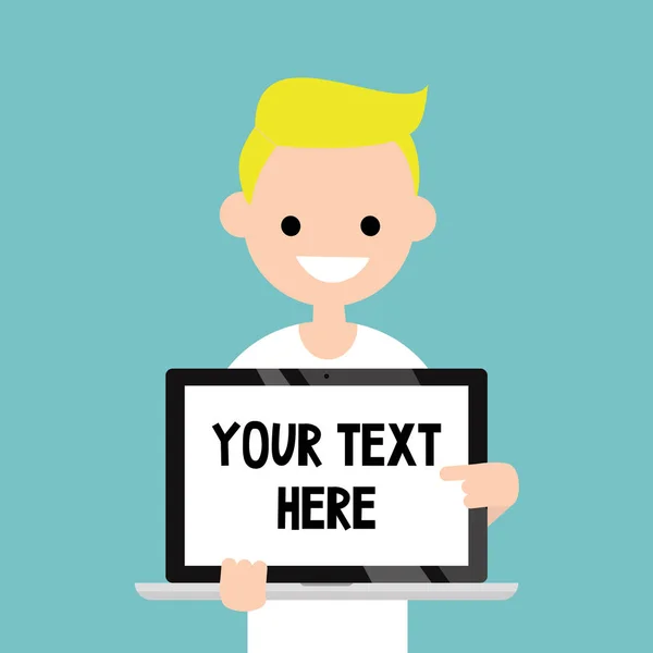 Din text här. Ler blond pojke pekar på den bärbara skärmen — Stock vektor
