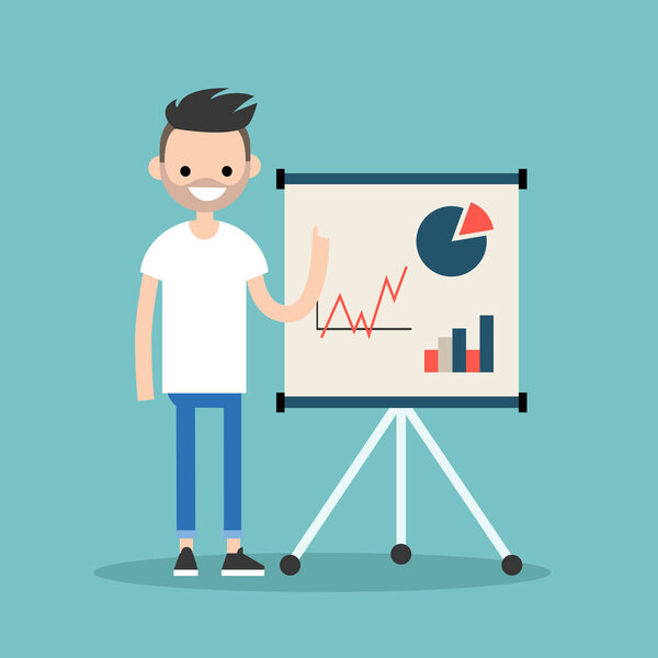 Молодой бородатый мужчина представляет результаты своих исследований / квартиру
 