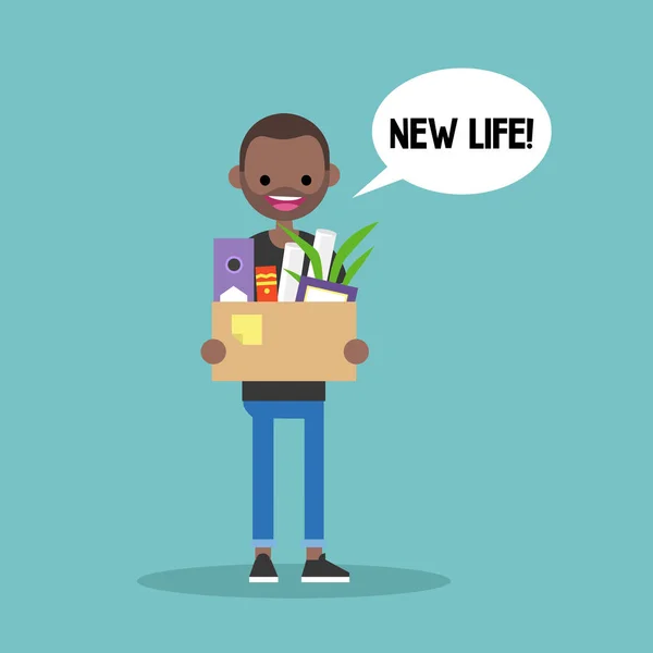 新しい生活概念図。箱を持って若い黒人男性 — ストックベクタ