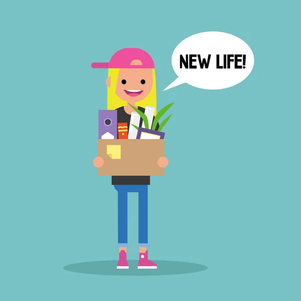 Nový život konceptuální ilustrace. Mladá blonďatá dívka drží box — Stockový vektor