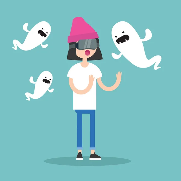 Millennial chica rodeada de fantasmas virtuales / plana editable vec — Vector de stock