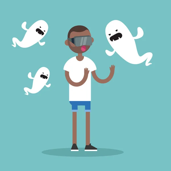 Negro Millennial personaje rodeado de fantasmas virtuales / plana e — Vector de stock