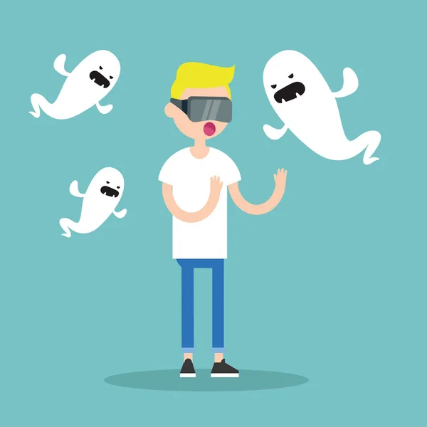 Millennial personaje rodeado de fantasmas virtuales / plana editabl — Vector de stock