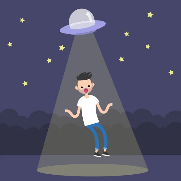 Young surprised bearded man abducted by the UFO spaceship / flat — Stock Vector