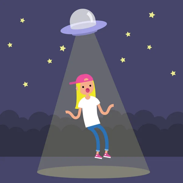 Young surprised blond girl abducted by the UFO spaceship / flat — Stock Vector