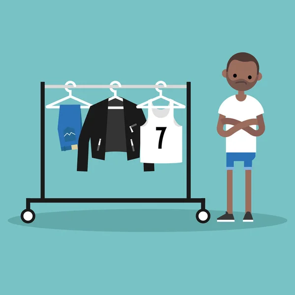 What to wear. Young concerned black man looking at the row of cl Stock Vector
