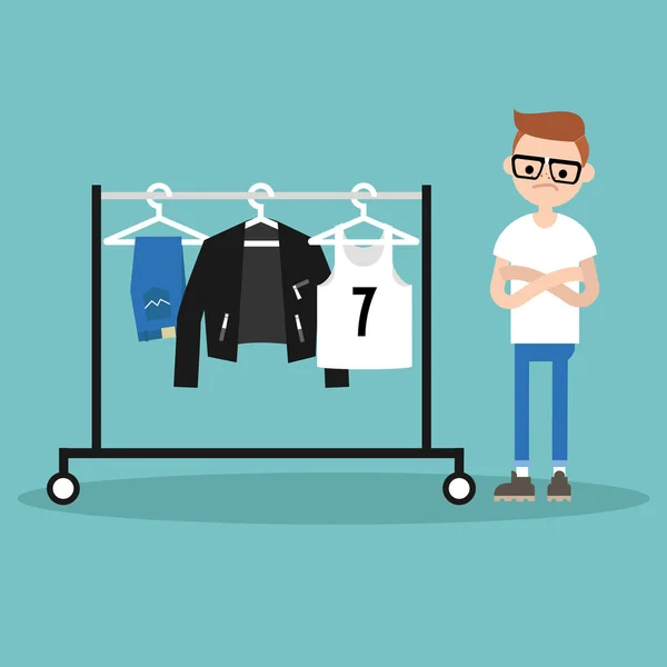 What to wear. Young concerned nerd looking at the row of clothes Royalty Free Stock Vectors