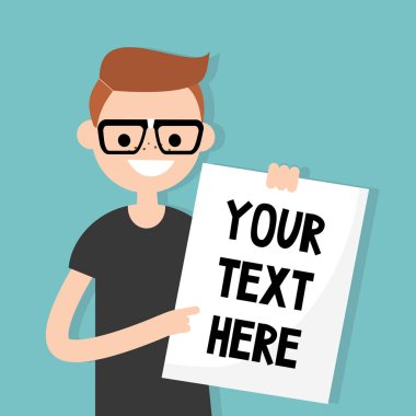 Metninizi buraya. Kâğıt / düzenlenebilir f bir sayfa tutan genç nerd