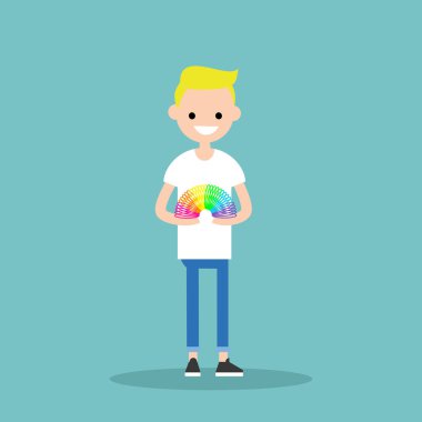 Genç sarışın çocuk oynamaya sinsi oyuncak / düz düzenlenebilir vektör ben