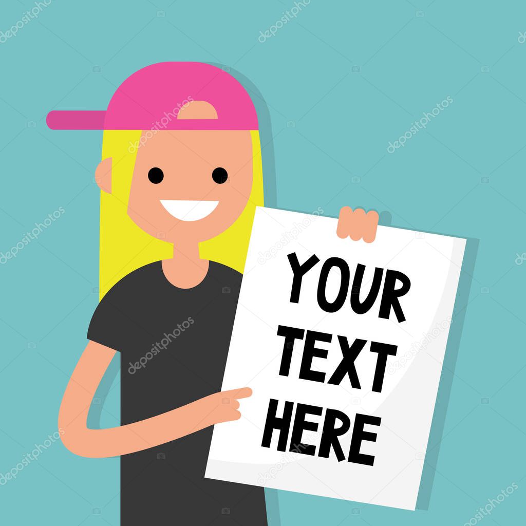Your text here. Young blond girl holding a sheet of paper / edit