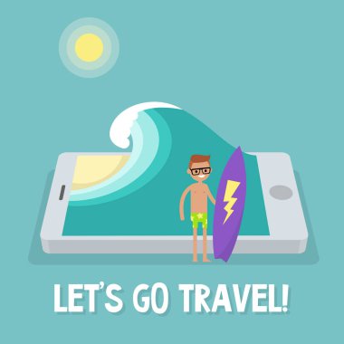 Seyahat kavramı. Mobil uygulama. Augmented Reality: genç mal