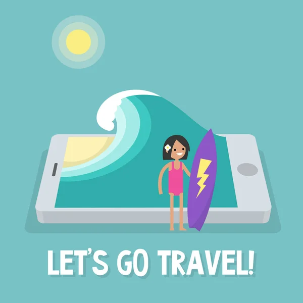 Travel concept. Mobile application. Augmented reality: young fem — Stock Vector