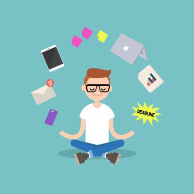 Stres ile ilgili. Genç nerd l Kapalı gözlerle meditasyon