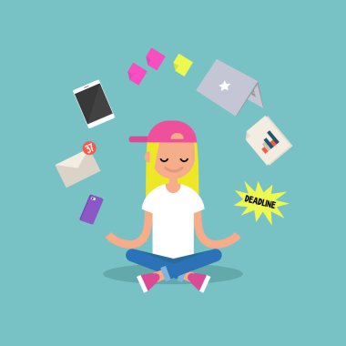 Stres ile ilgili. Genç sarışın kız ile kapalı göz meditasyon