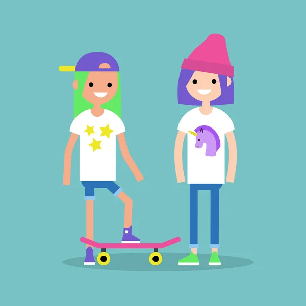 Trendiga tonårsflickor med färgat hår bära ljusa casual kläder — Stock vektor