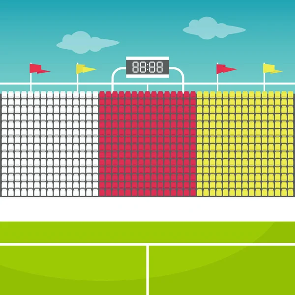 Tribuna stadio con bandiere e tabellone segnapunti / vettore piatto modificabile — Vettoriale Stock