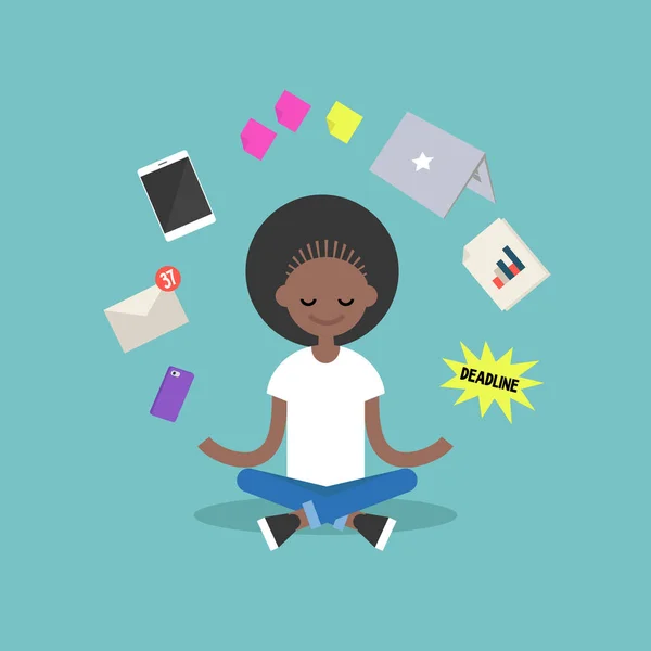 Foglalkozó stressz. Fiatal fekete lány zárt szemmel meditáció — Stock Vector