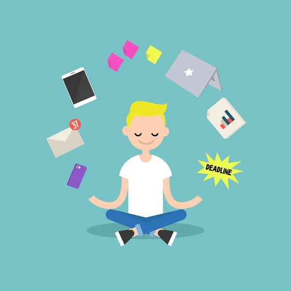 Dealing with stress. Young blond boy meditating with closed eyes — Stock Vector